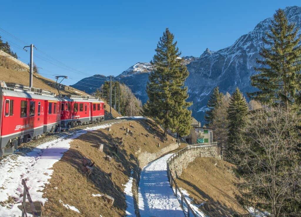 Moving Train With Mountain and Trees in Background