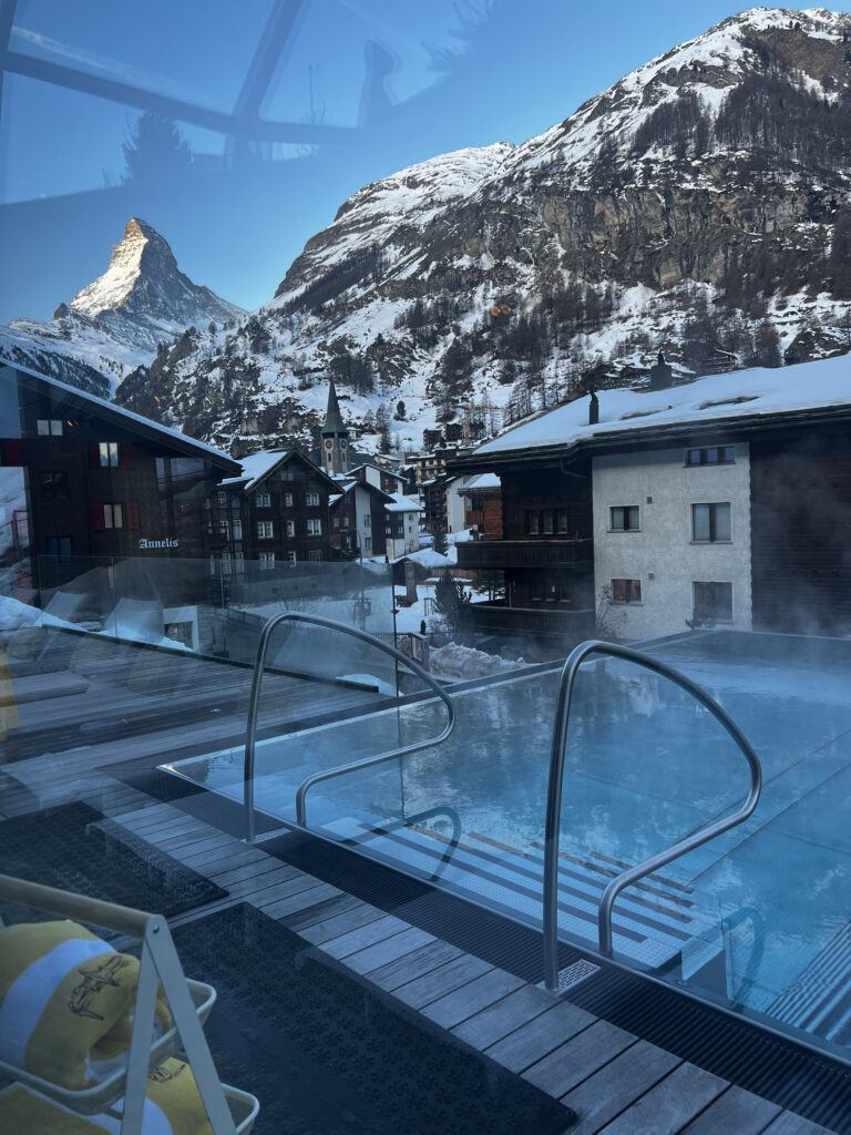 Views of the Matterhorn from the hot tub at Beausite Hotel Zermatt